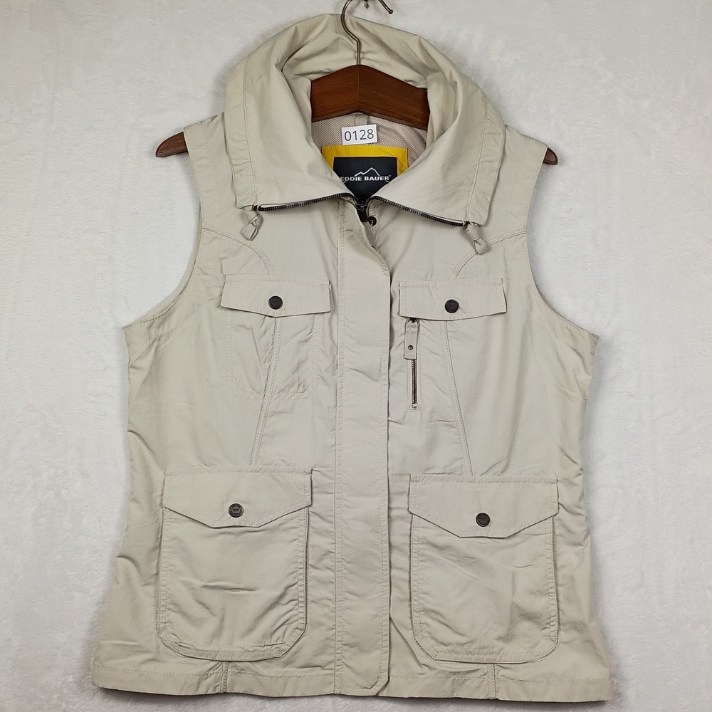 Eddie Bauer Womens Utility Vest Beige Tan Full Zip Multi-Pocket Gorpcore Large